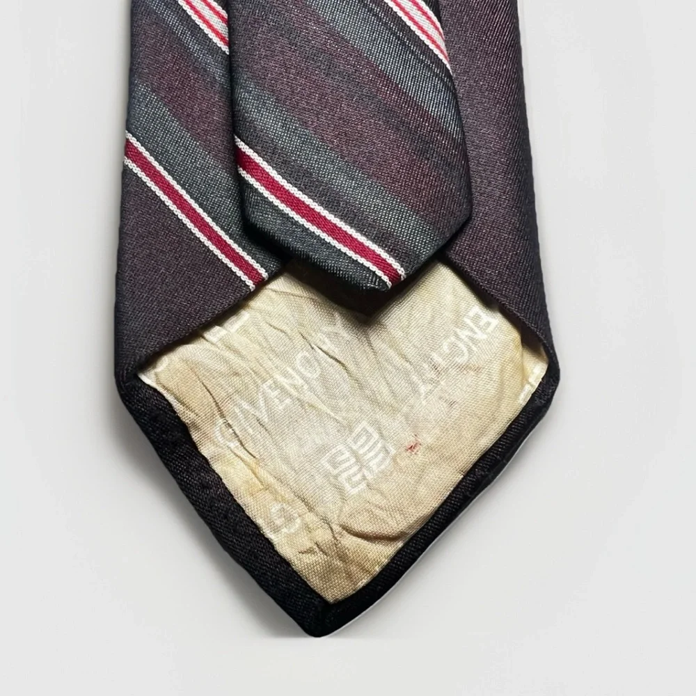 Givenchy Vintage Men’s Designer Tie Burgundy‎ Gray Striped Luxury Retro Necktie